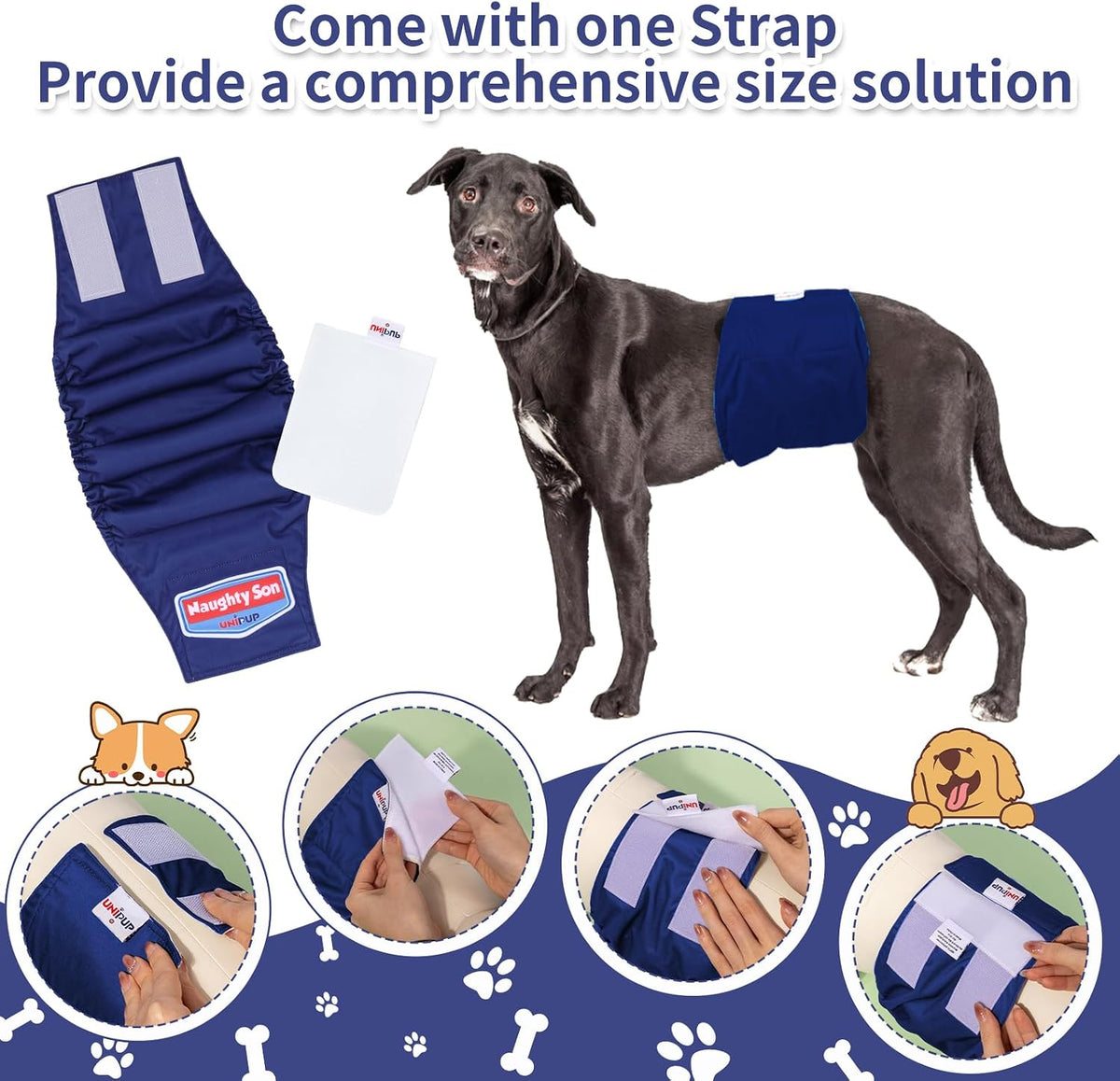 UNIPUP Reusable Male Dog Diaper showing the high absorbing inner jersey lining and leakproof layers