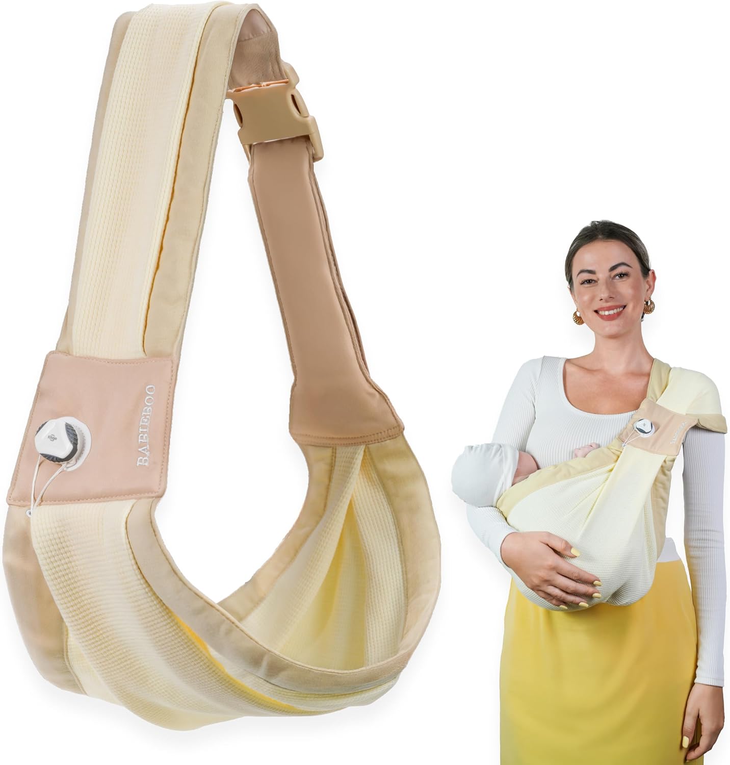BabieBoo Baby Sling Carrier in beige showing the front view being worn by a parent with an infant inside.