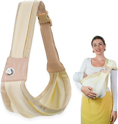 BabieBoo Baby Sling Carrier in beige showing the front view being worn by a parent with an infant inside.