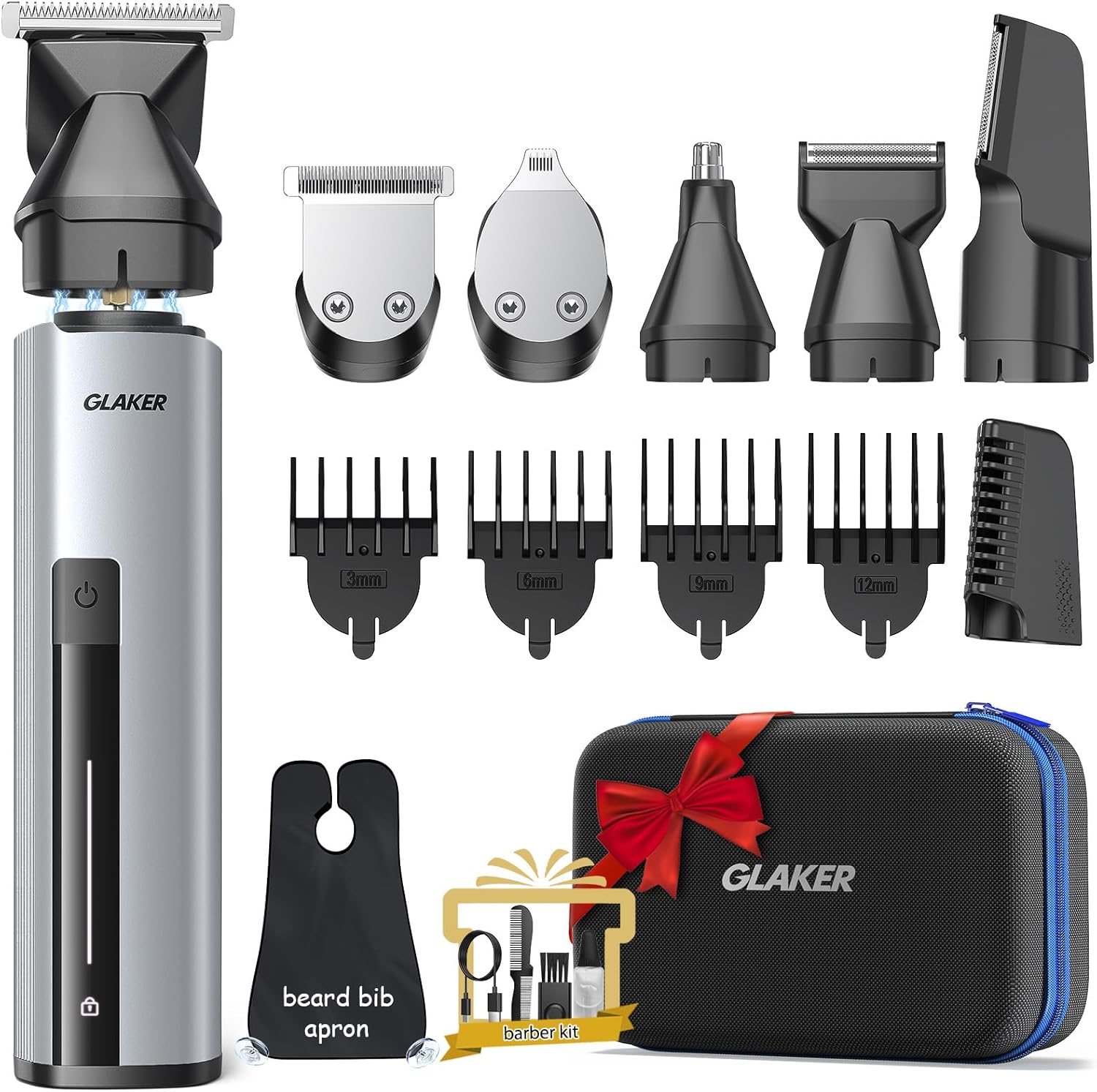 GLAKER Beard Grooming Kit premium front view showing silver aluminum body trimmer.