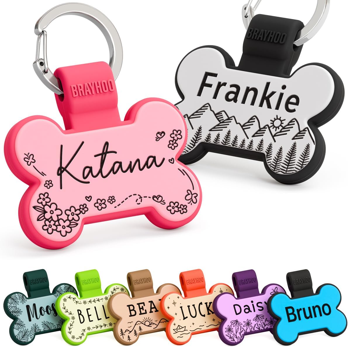 Brayhoo personalized silent silicone dog tag front view showing engraved pet name.