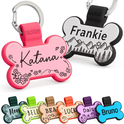 Brayhoo personalized silent silicone dog tag front view showing engraved pet name.