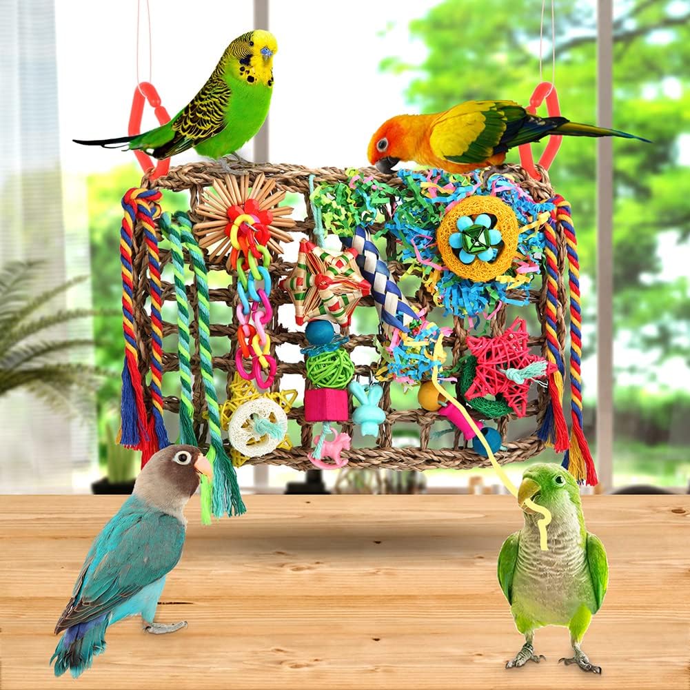 Close up of Yixund bird foraging wall showing bamboo and rattan toys