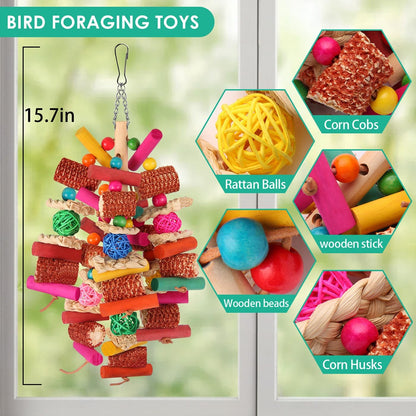 Multi-layered bird shredding toy featuring natural corn husks and colorful wooden beads.