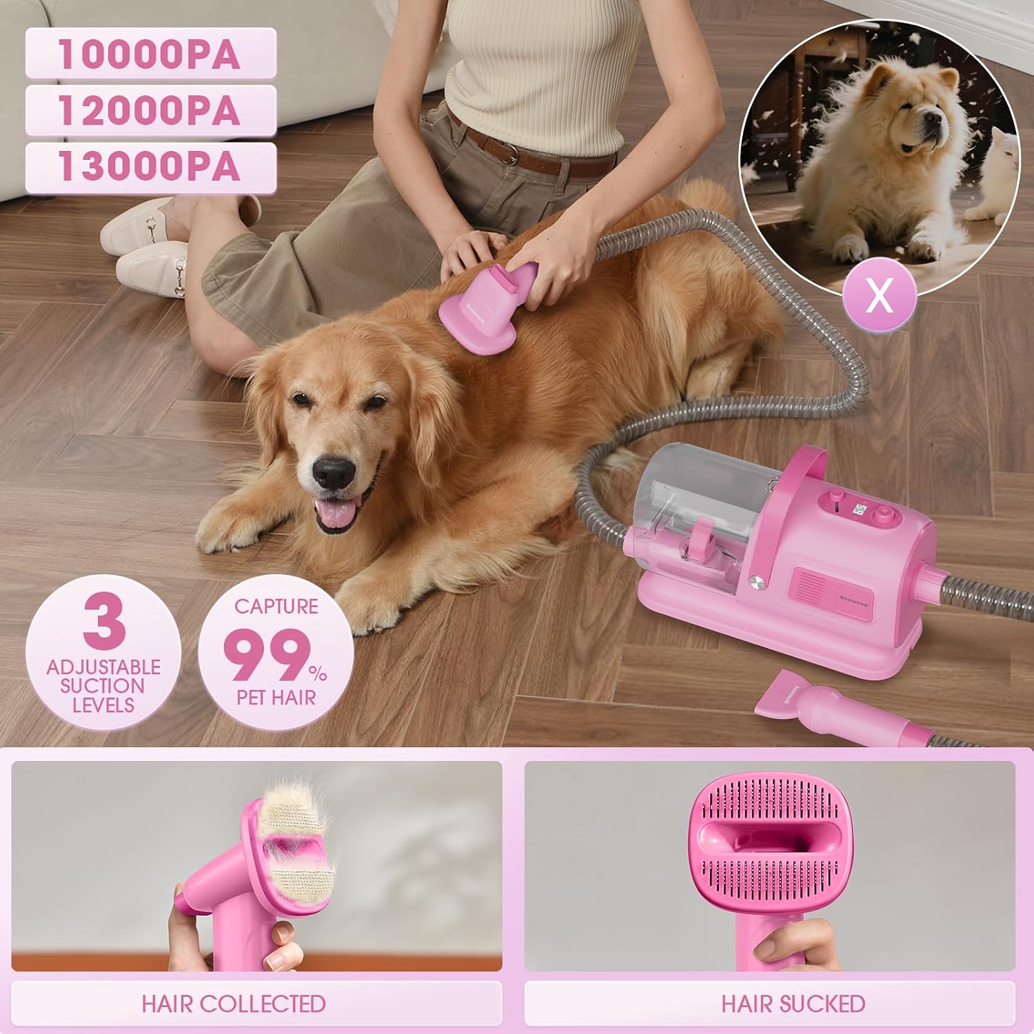 Large capacity dust cup on the geoorood pet blower vacuum for hair collection.