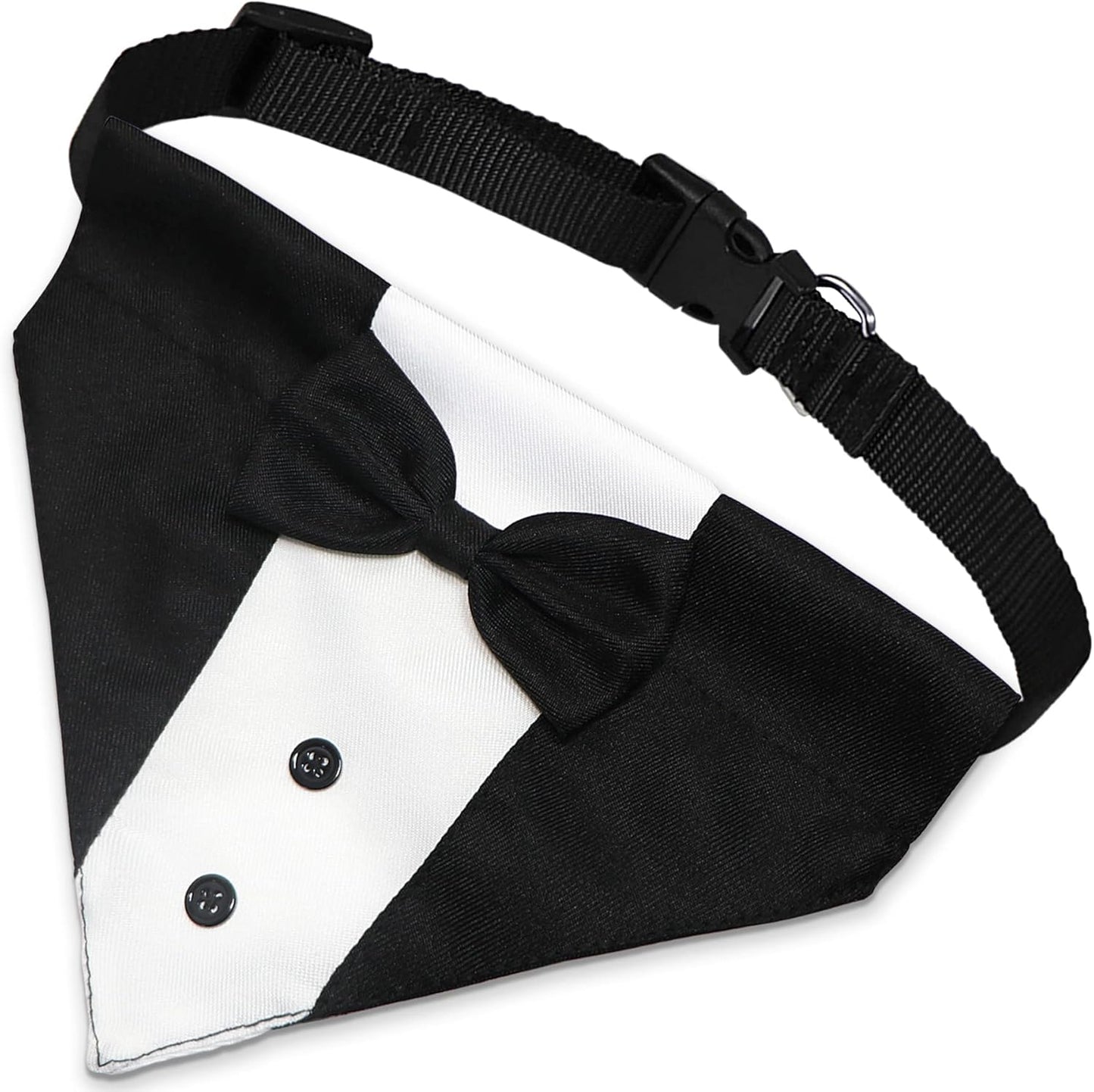 GOYOSWA formal pet costume with attached bow tie and decorative buttons close up view
