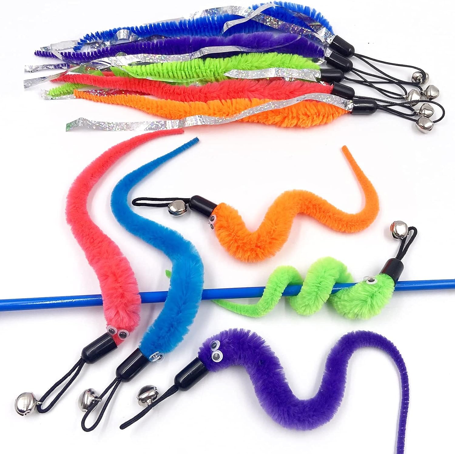 Polyester blend wiggly worm teaser refills for indoor kitten exercise