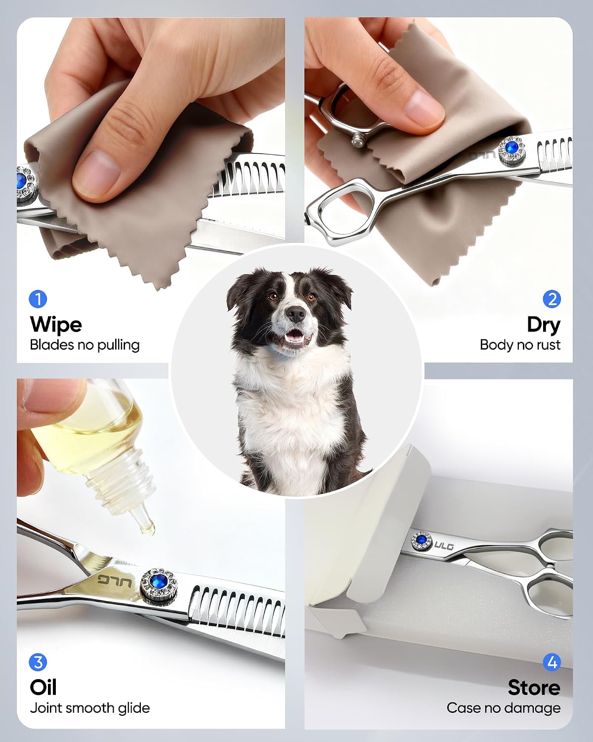 Side view of the down-curved blade design on the ULG professional dog blending scissors