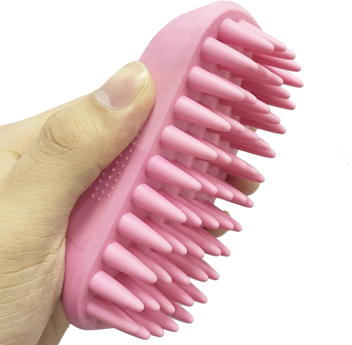 Side view highlighting the anti skid rubber backing of the green zoopolr curry brush.