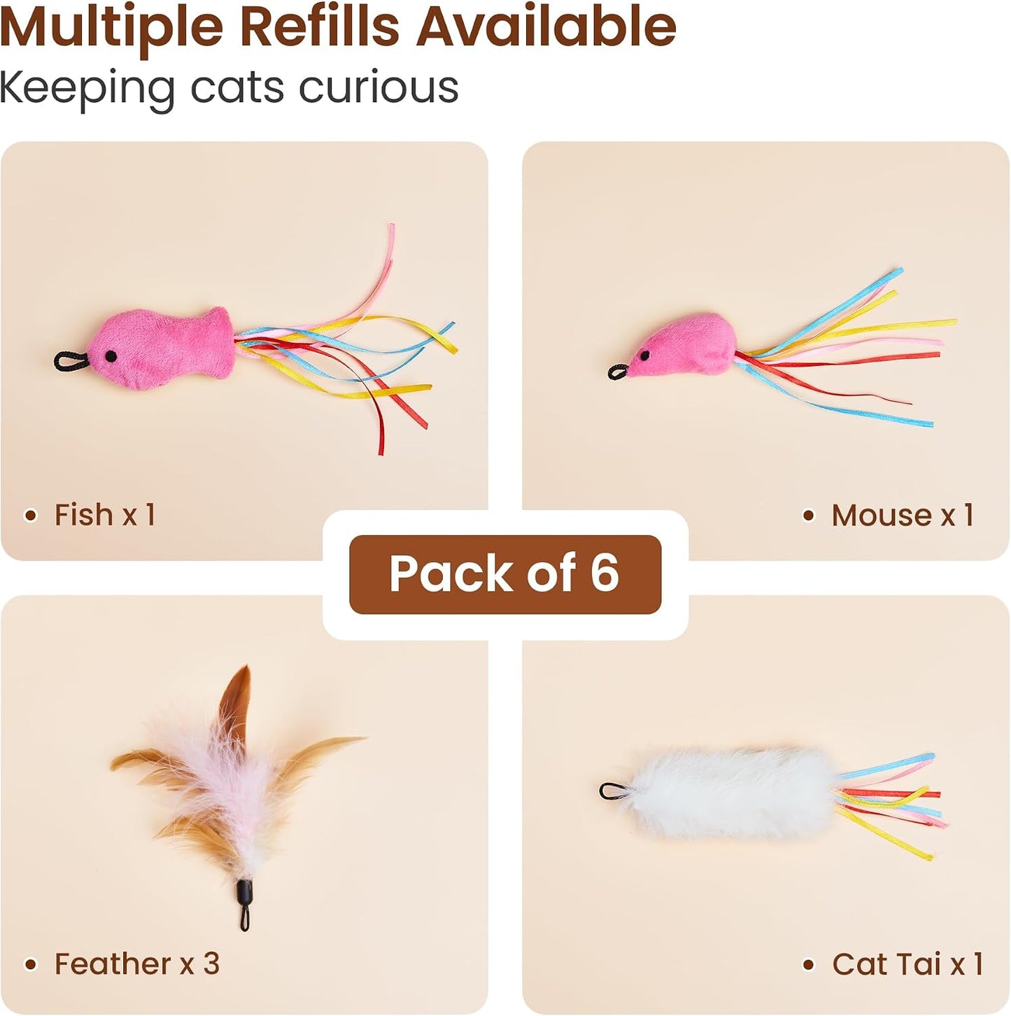 Six pieces of premium cat toy replacement accessories displayed clearly showing the attachment loops