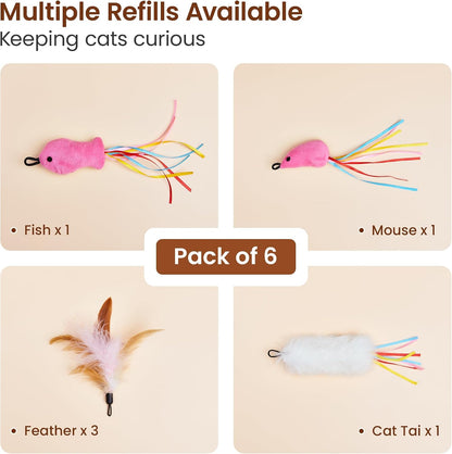 Six pieces of premium cat toy replacement accessories displayed clearly showing the attachment loops