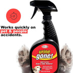 Urine Gone spray bottle next to upholstery and fabric setup