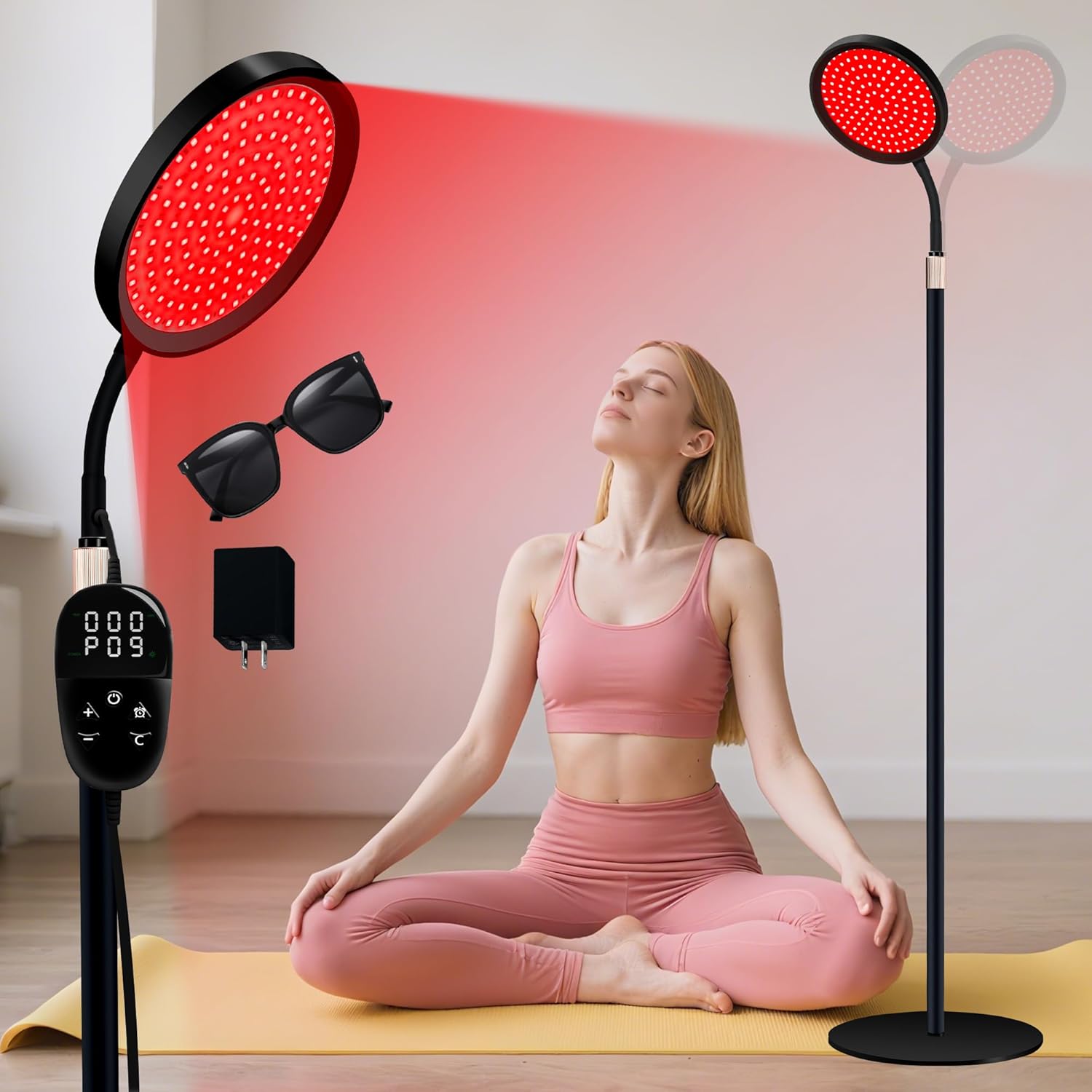 LanSuper Red Light Therapy Lamp front view showing the 140 LED beads on the adjustable stand.