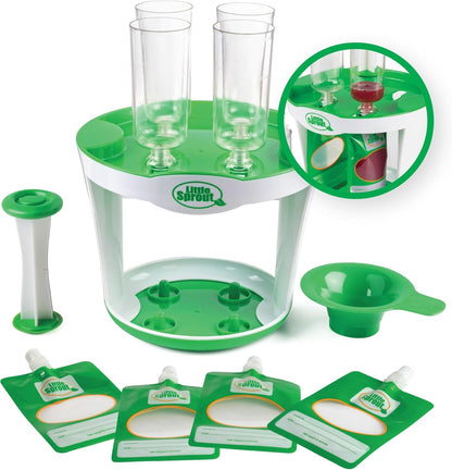 Sprout Cups Baby Food Maker front view of the eleven piece fill station set with four tubes and plunger.