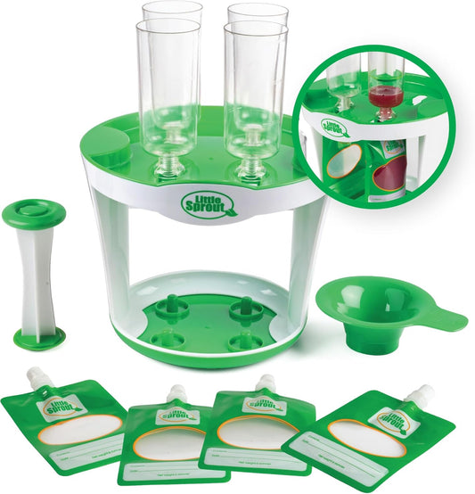 Sprout Cups Baby Food Maker front view of the eleven piece fill station set with four tubes and plunger.