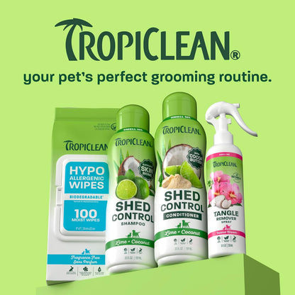 USA manufactured TropiClean dog conditioner bottle placed on a clean grooming table