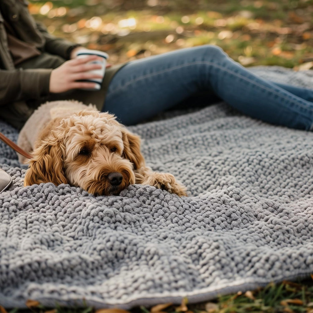 Soft grey chenille dog blanket spread out fully showing dimensions