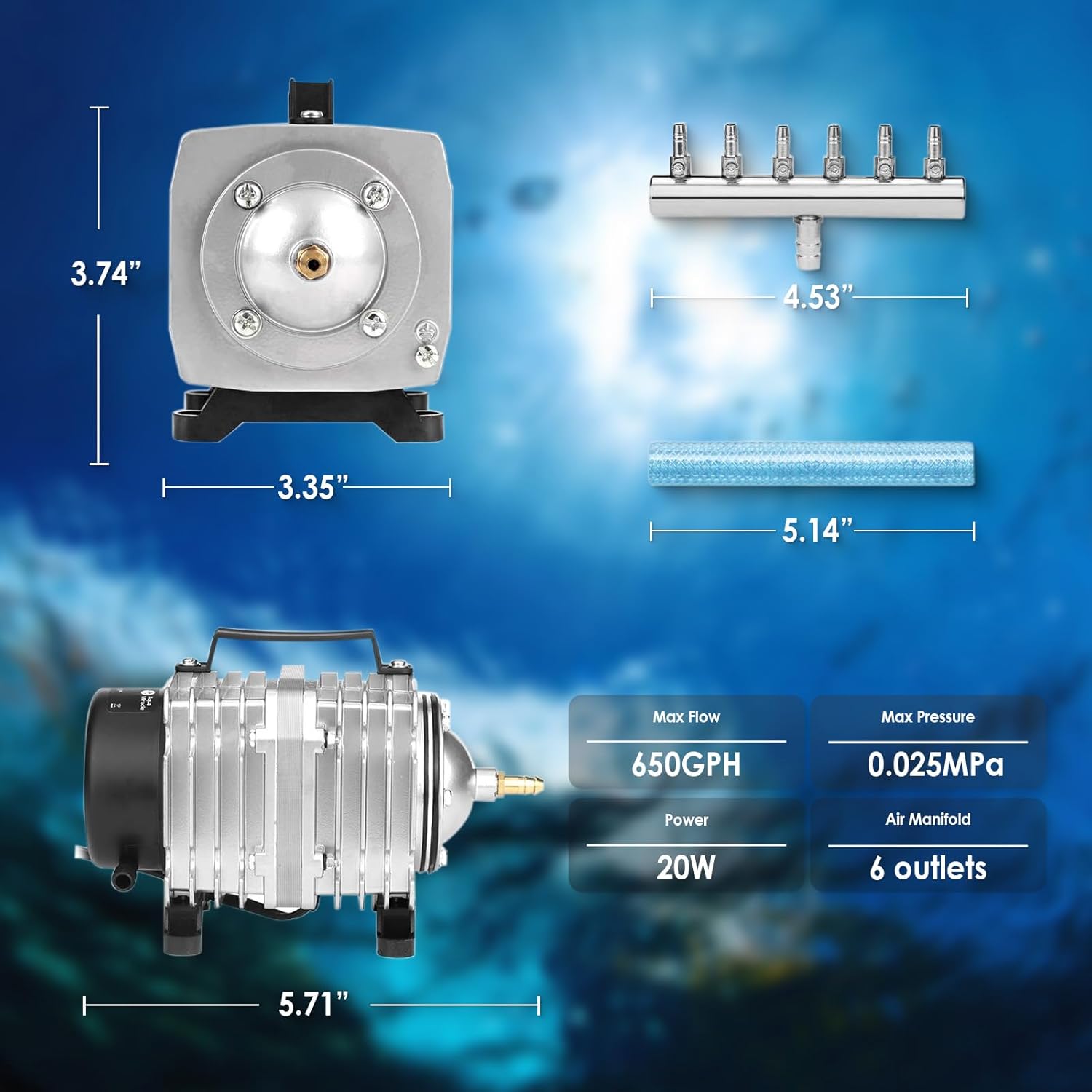 Fumak 650GPH 20W air pump packaging and accessories