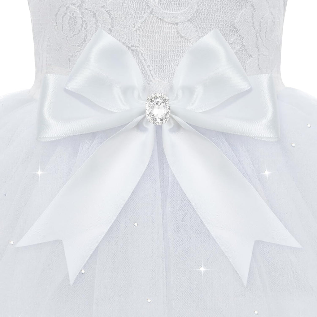 Side profile of a girl dog wearing the XPUDAC lace wedding dress outfit.