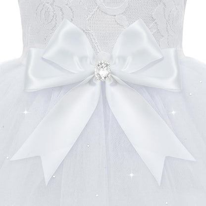 Side profile of a girl dog wearing the XPUDAC lace wedding dress outfit.
