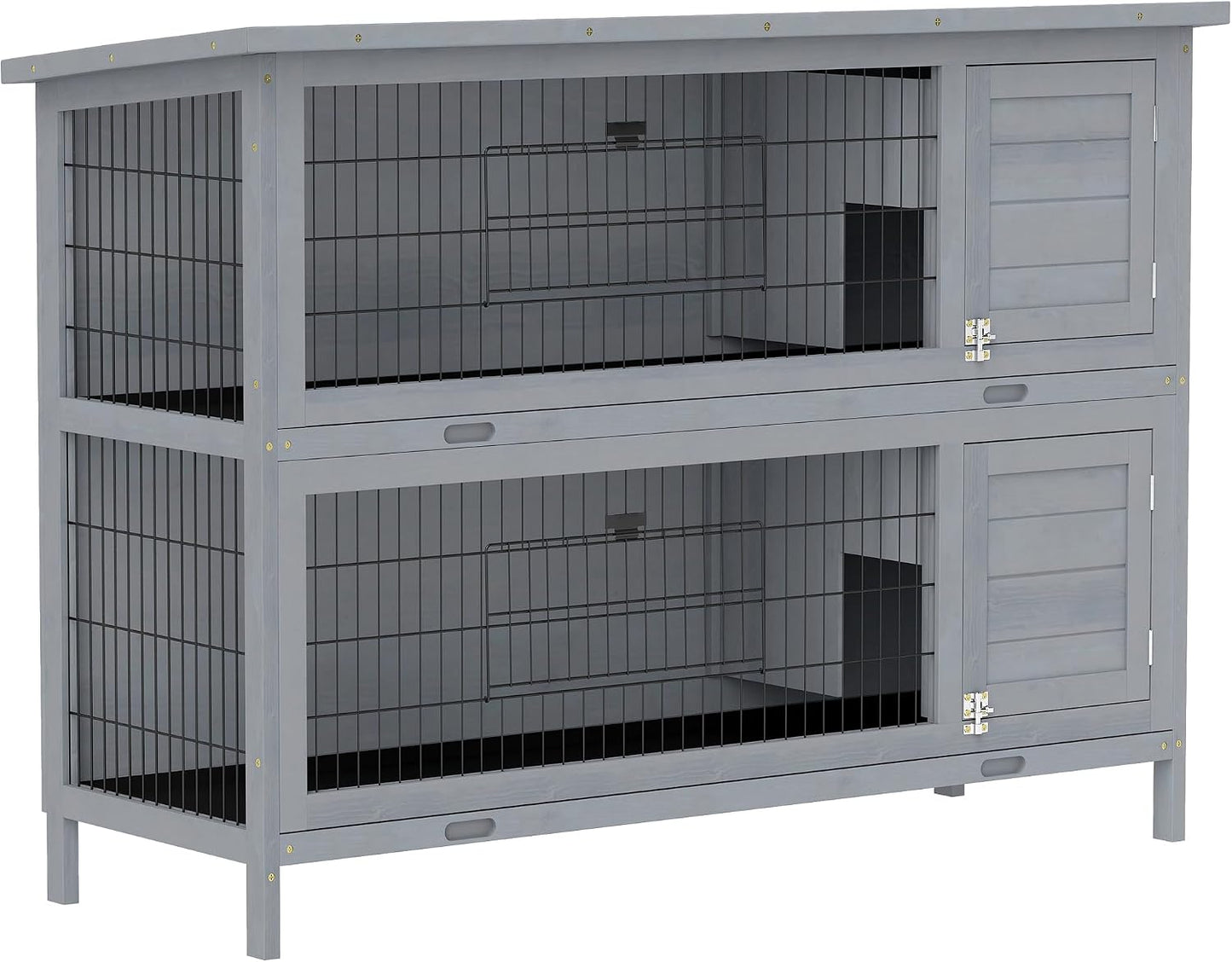 PawHut 54" 2-Story Large Rabbit Hutch Bunny Cage Wooden Pet House Small Animal Habitat with Lockable Doors, No Leak Tray and Waterproof Roof for Outdoor/Indoor Grey - Image 1