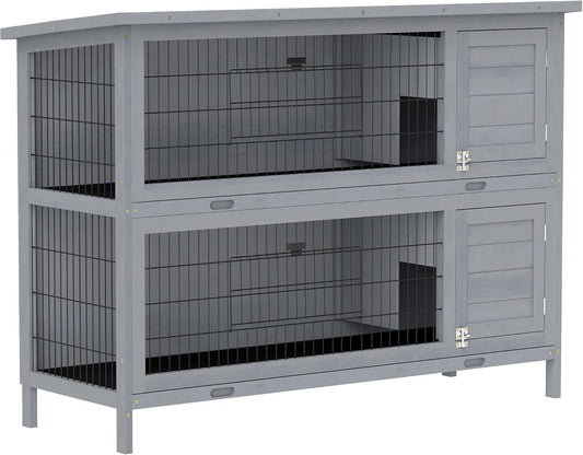 PawHut 54" 2-Story Large Rabbit Hutch Bunny Cage Wooden Pet House Small Animal Habitat with Lockable Doors, No Leak Tray and Waterproof Roof for Outdoor/Indoor Grey - Image 1