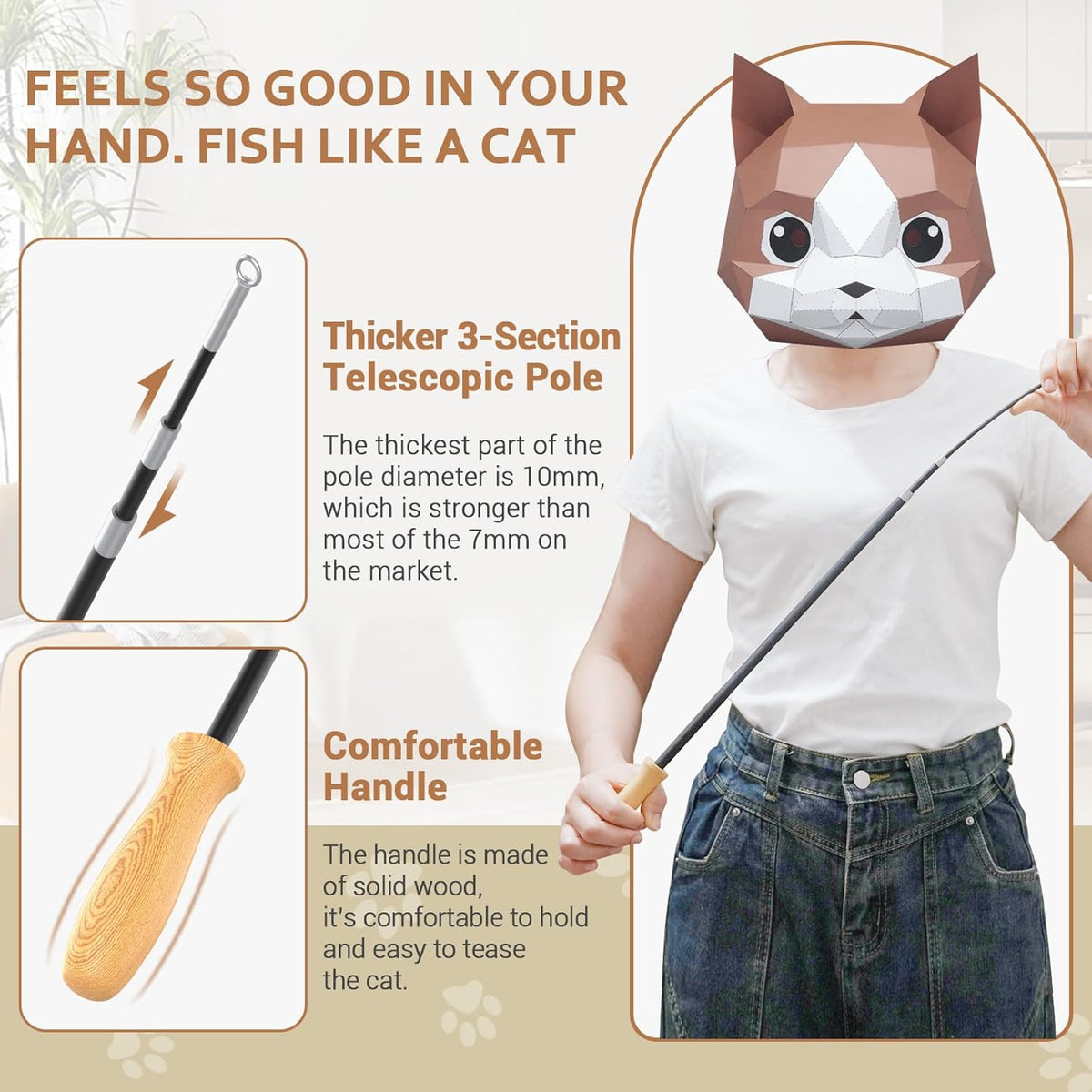 Cat playing with ROSAUI wooden handle wand toy