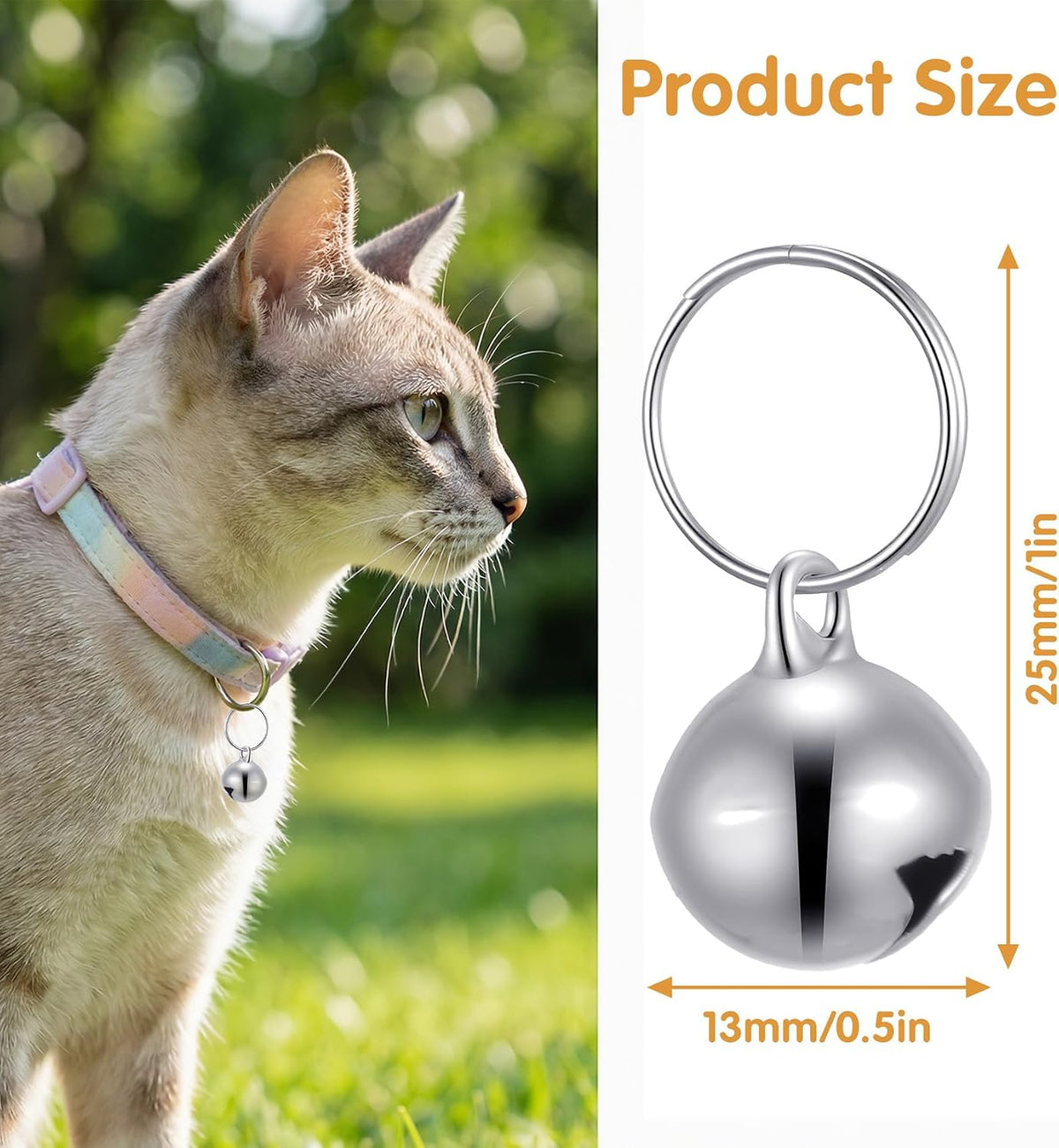 Close up of half inch small pet jingle bells showing the split ring attachment loop