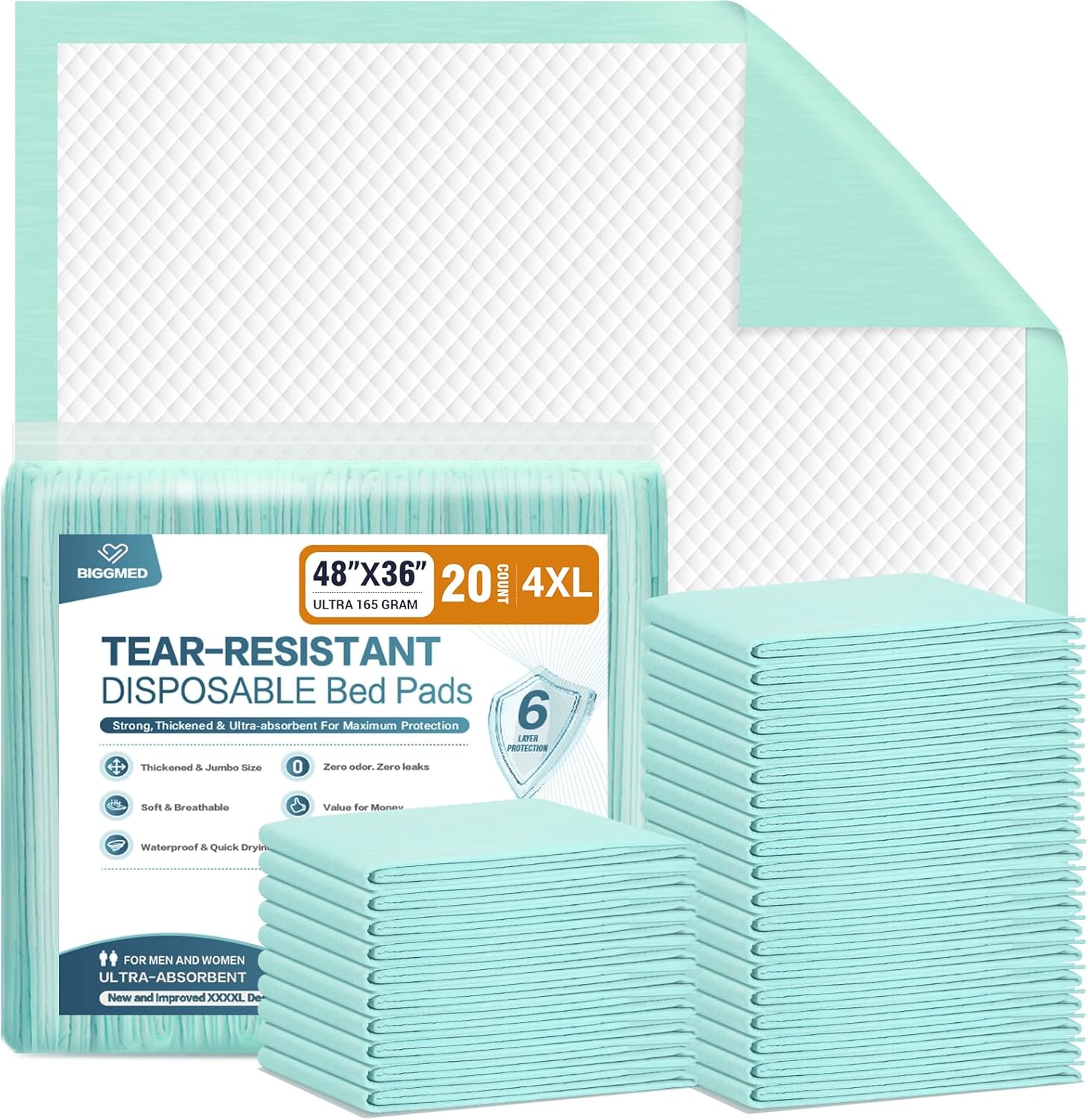 BIGGMED Tear Resistant Disposable Bed Pads front packaging view showing extra large 20 count text.