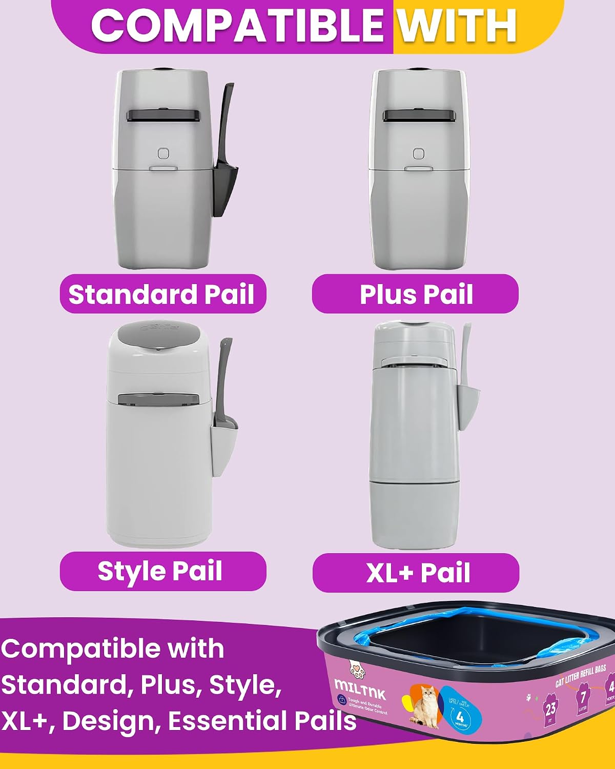 MILTNK cat litter cartridge refill being placed into a compatible disposal pail.