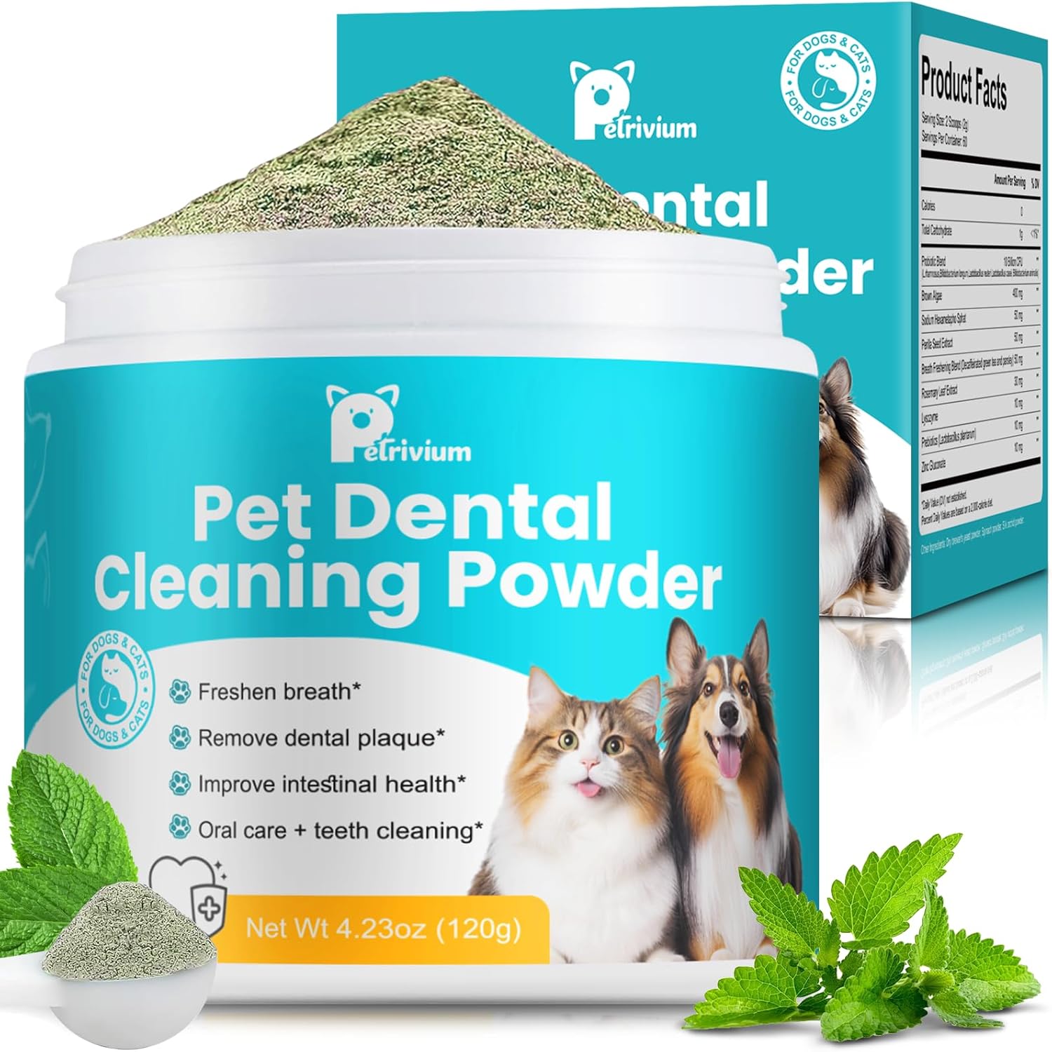 Petrivium Dog Teeth Cleaning Powder front view of jar for pet dental care.