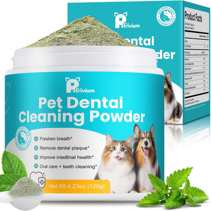 Petrivium Dog Teeth Cleaning Powder front view of jar for pet dental care.