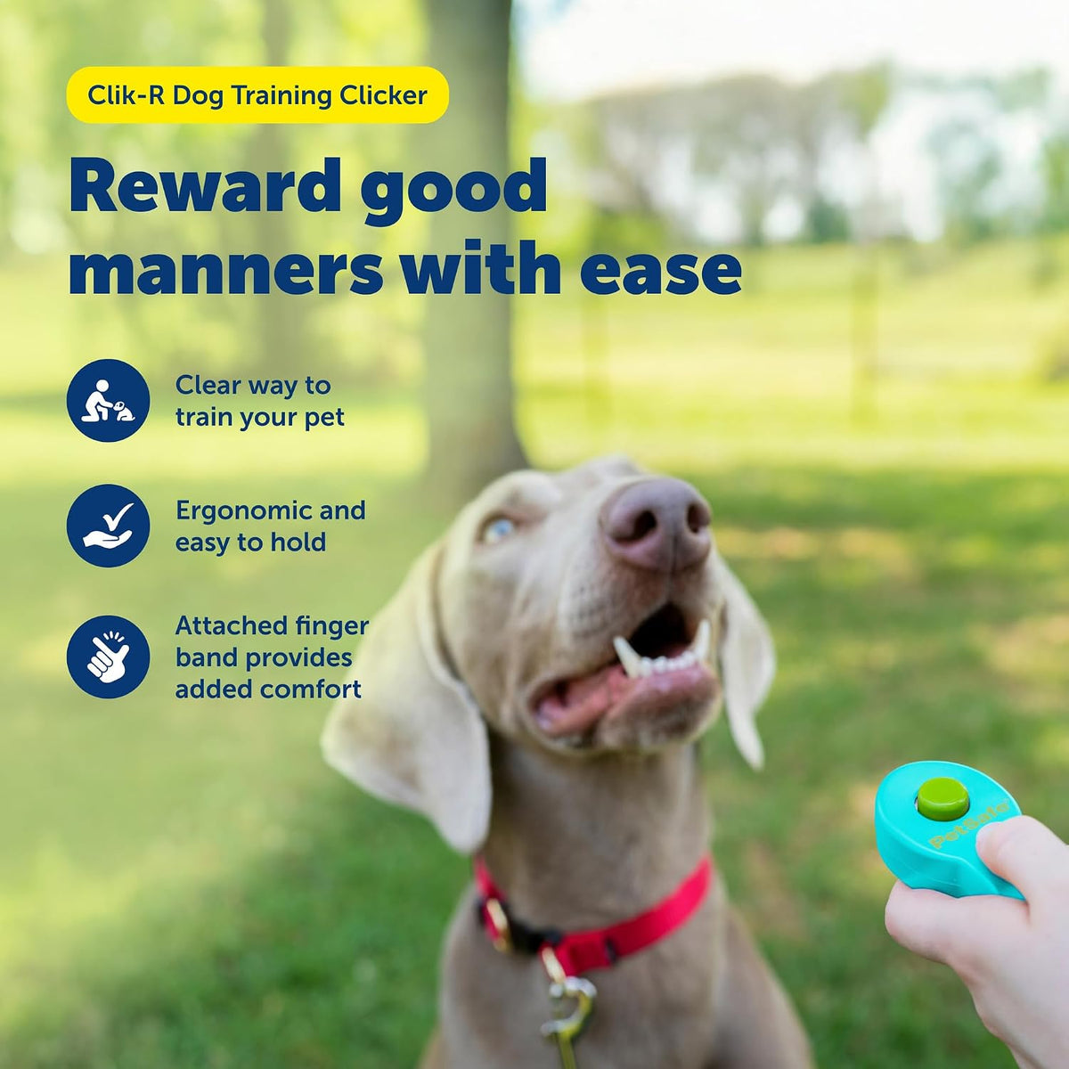 Ergonomic pet training clicker being held securely using the integrated finger band