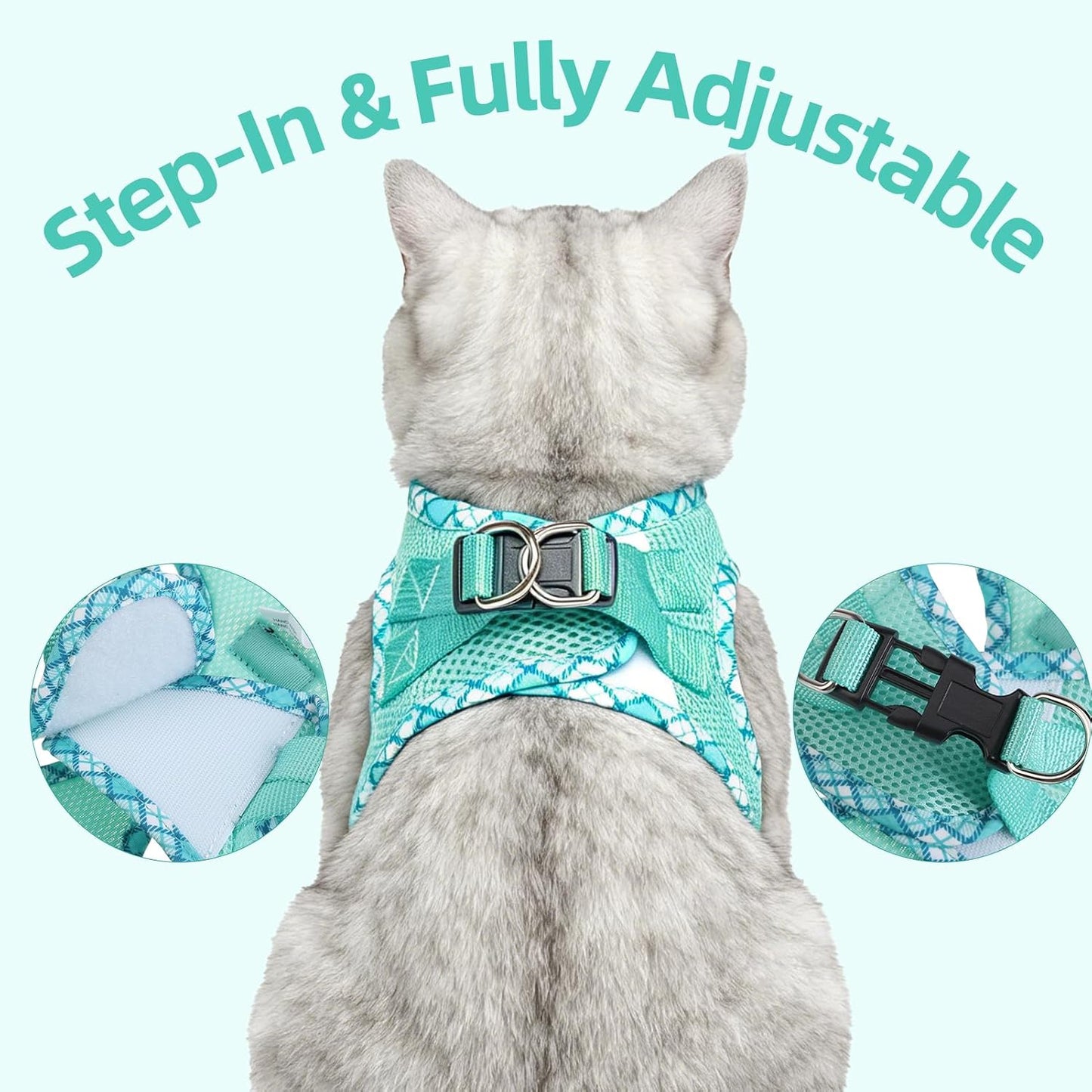 Escape proof pet harness triple security system hook and loop buckle