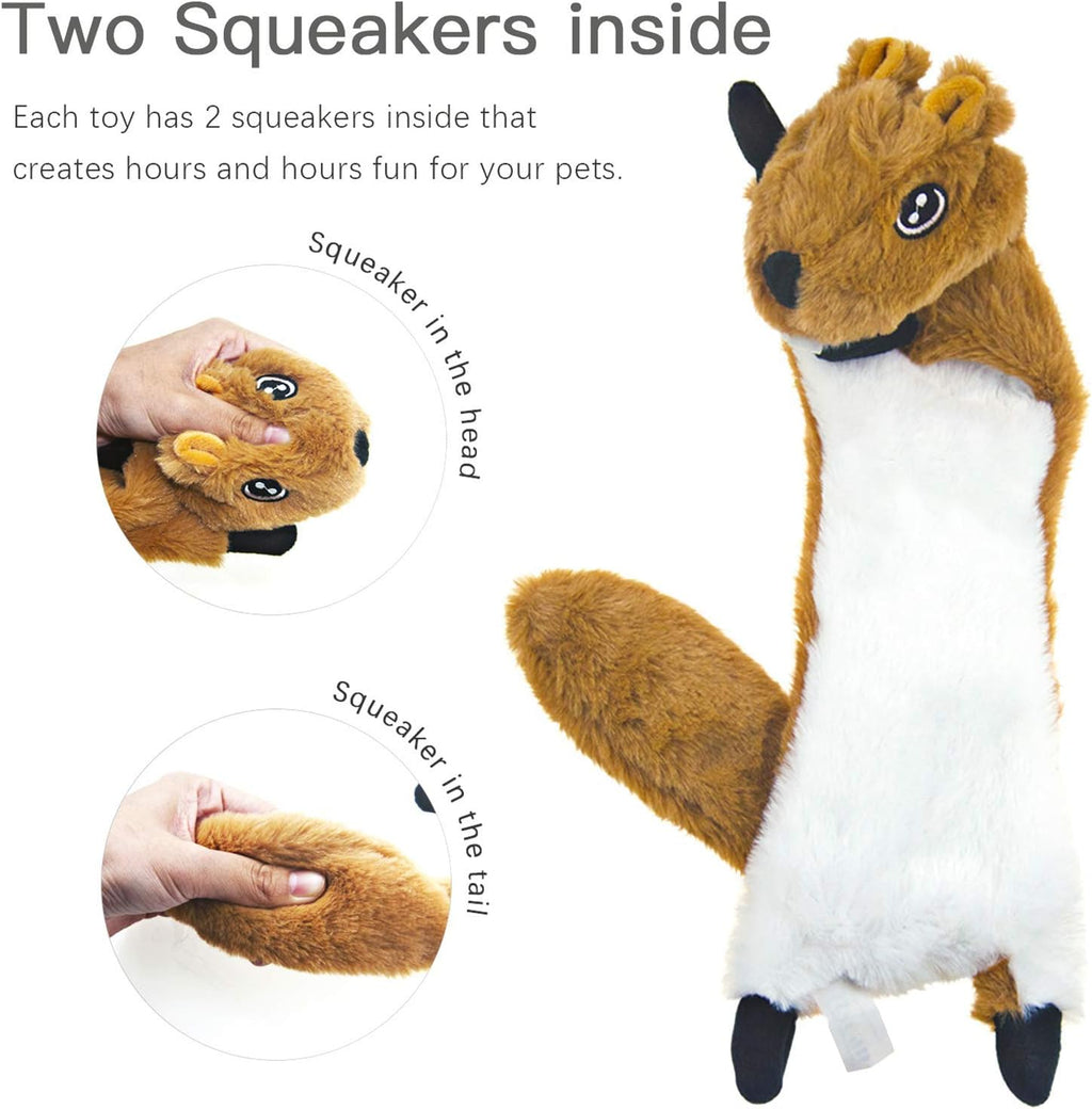 Durable squeaky pet toys bundle featuring the squirrel and cow characters closeup