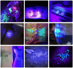Alonefire high power UV flashlight demonstrating resin curing and mineral detection capabilities.