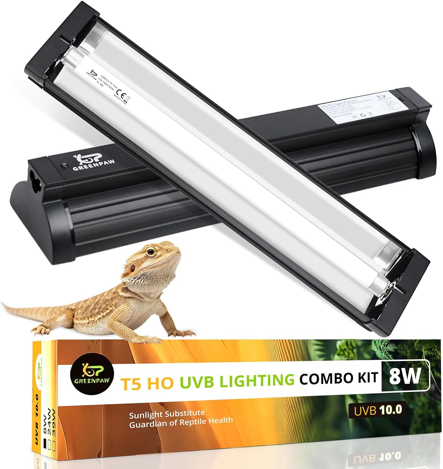 Hygger Zoo T5 UVB Reptile Light Fixture Combo Kit front view showing the twelve inch terrarium hood and bulb packaging