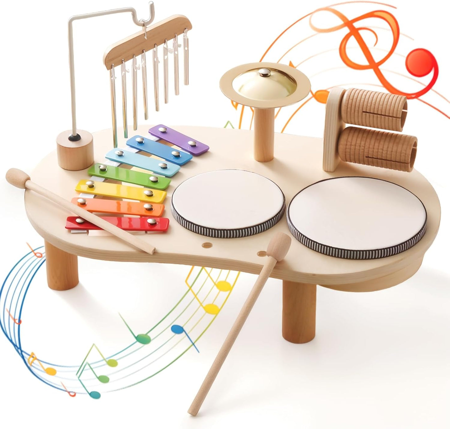 Promise Babe Wooden Drum Set toddler musical instrument station front view