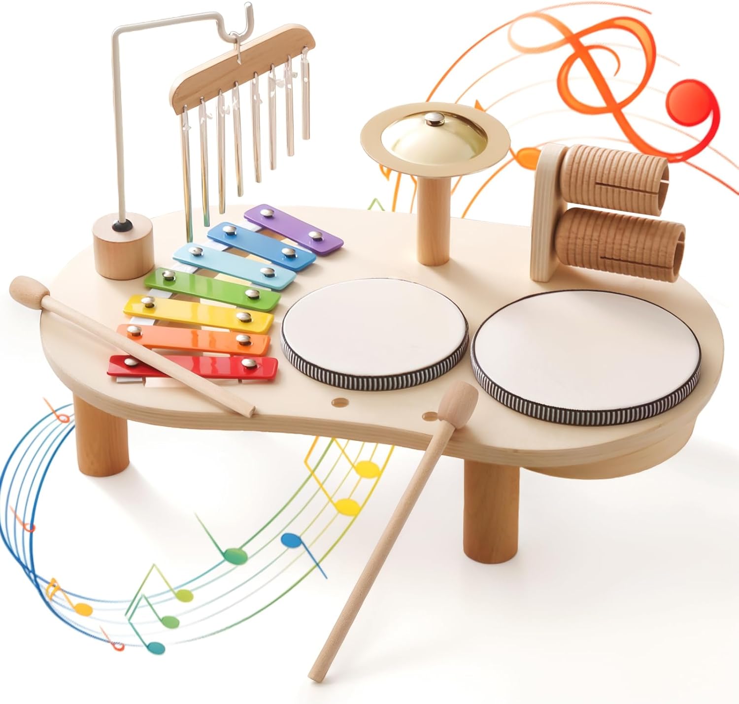 Promise Babe Wooden Drum Set toddler musical instrument station front view