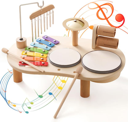 Promise Babe Wooden Drum Set toddler musical instrument station front view