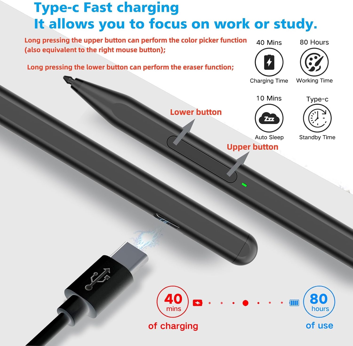 Rechargeable active pen showcasing the Type-C fast charging port connection