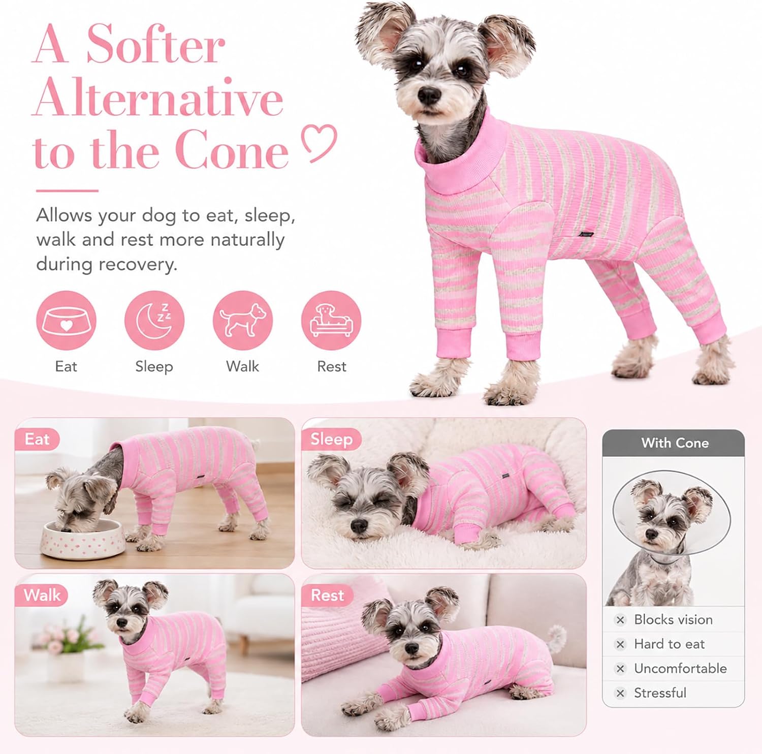 AITOLI post surgery pet bodysuit showing the pink and white stripes design