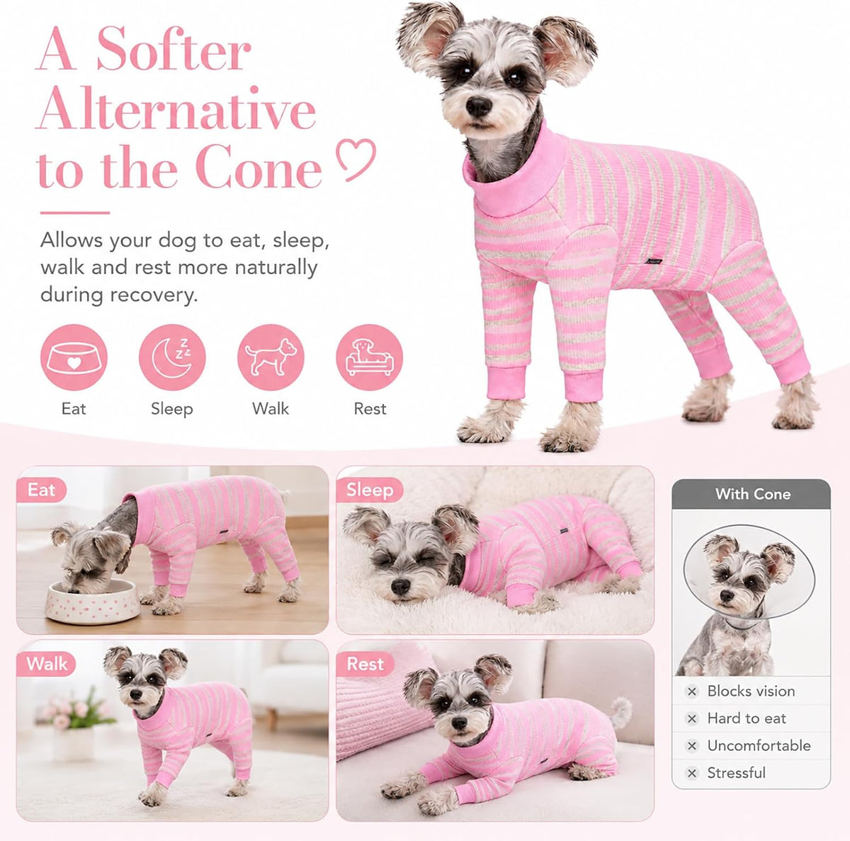 AITOLI post surgery pet bodysuit showing the pink and white stripes design