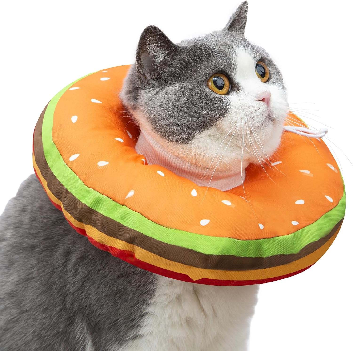 EWES Hamburger Cat Recovery Cone Collar front view plush cat donut