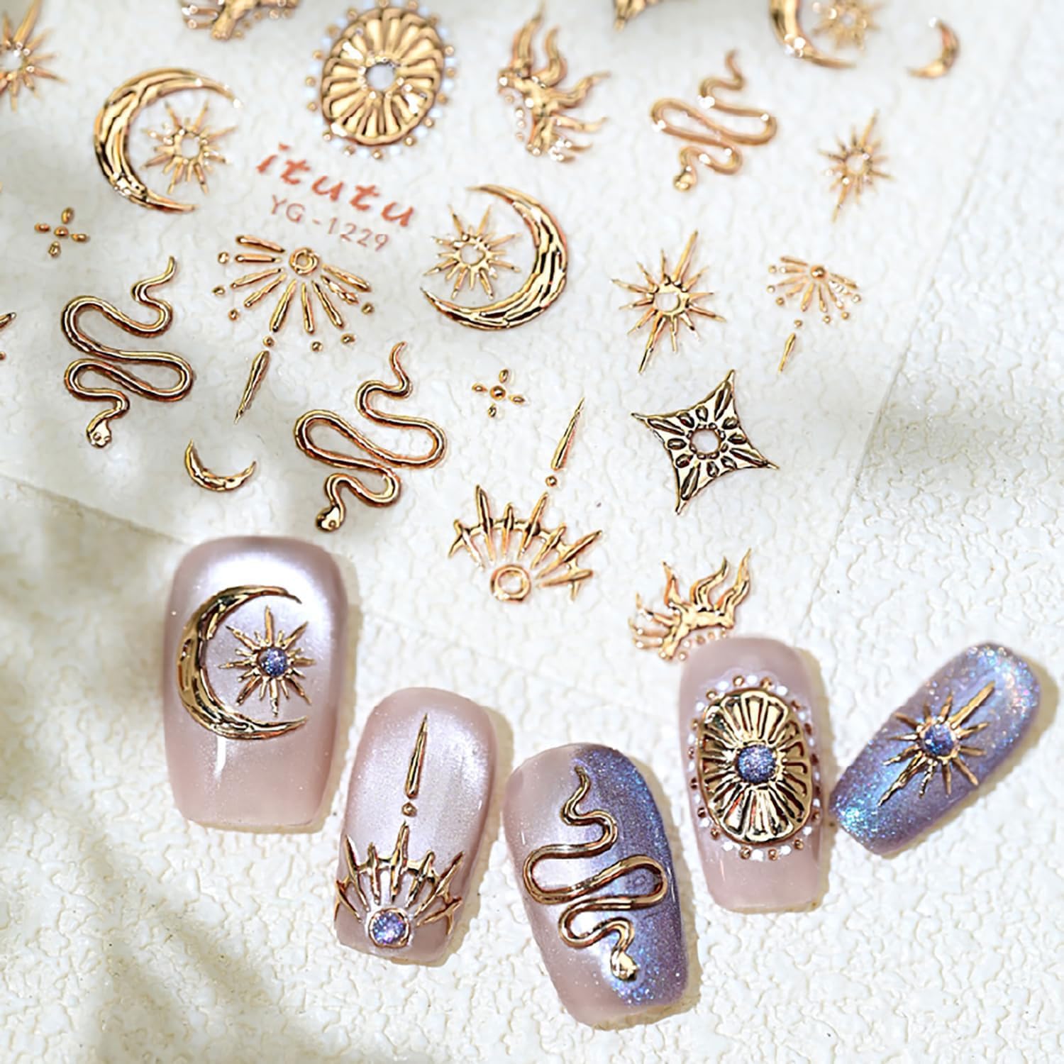 Zrethfb gold celestial 5D embossed nail art sticker sheet