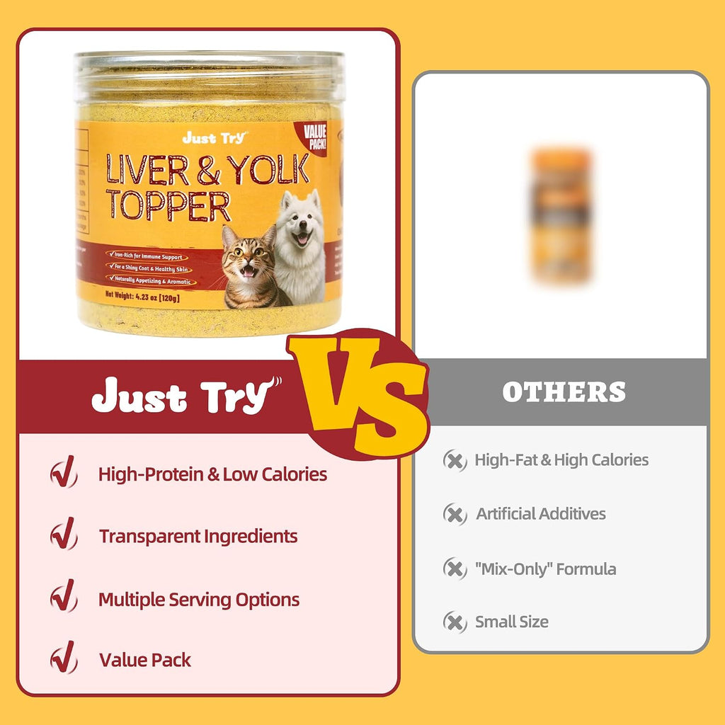 Group of Just Try freeze dried pet food toppers in various settings