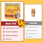 Group of Just Try freeze dried pet food toppers in various settings