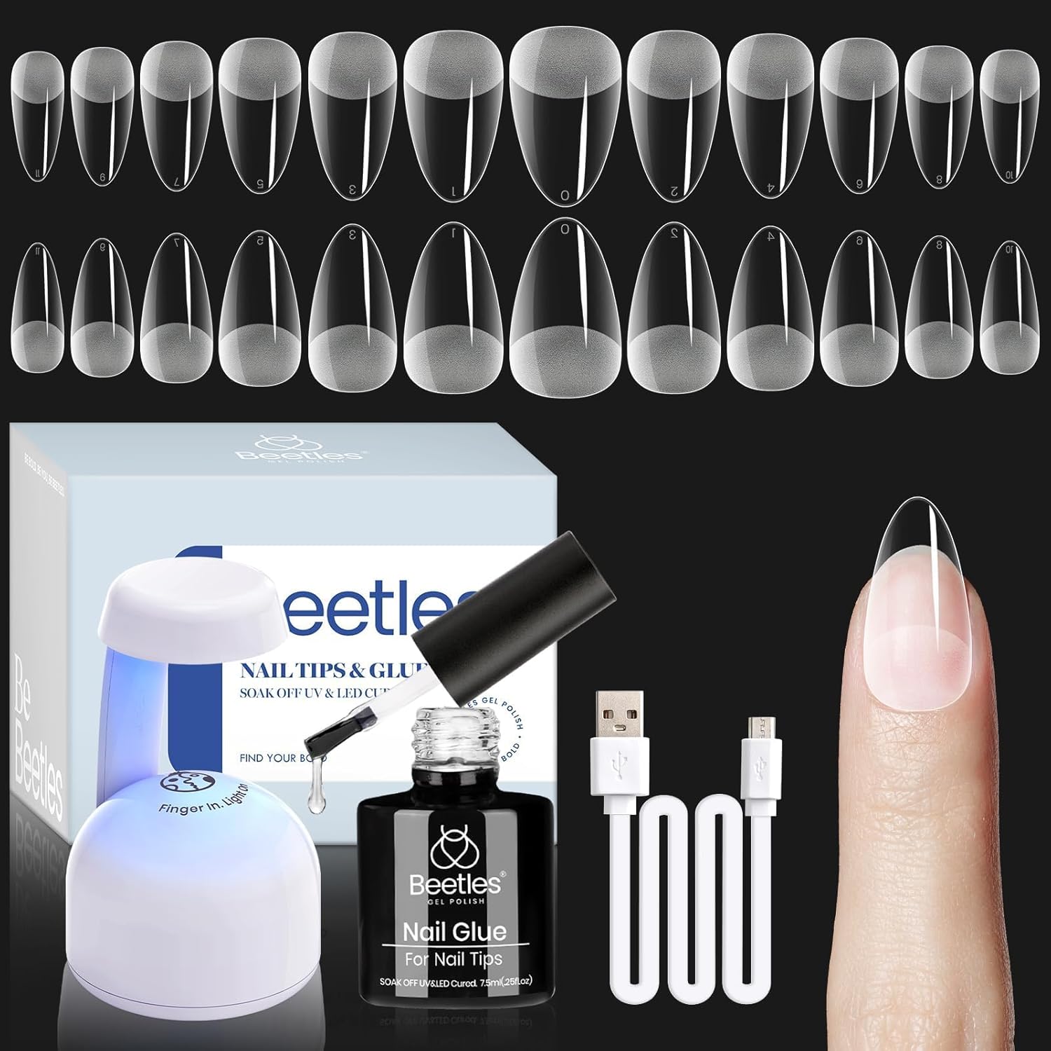 Beetles gel nail kit with 504 pieces of almond short nail tips and mini LED lamp