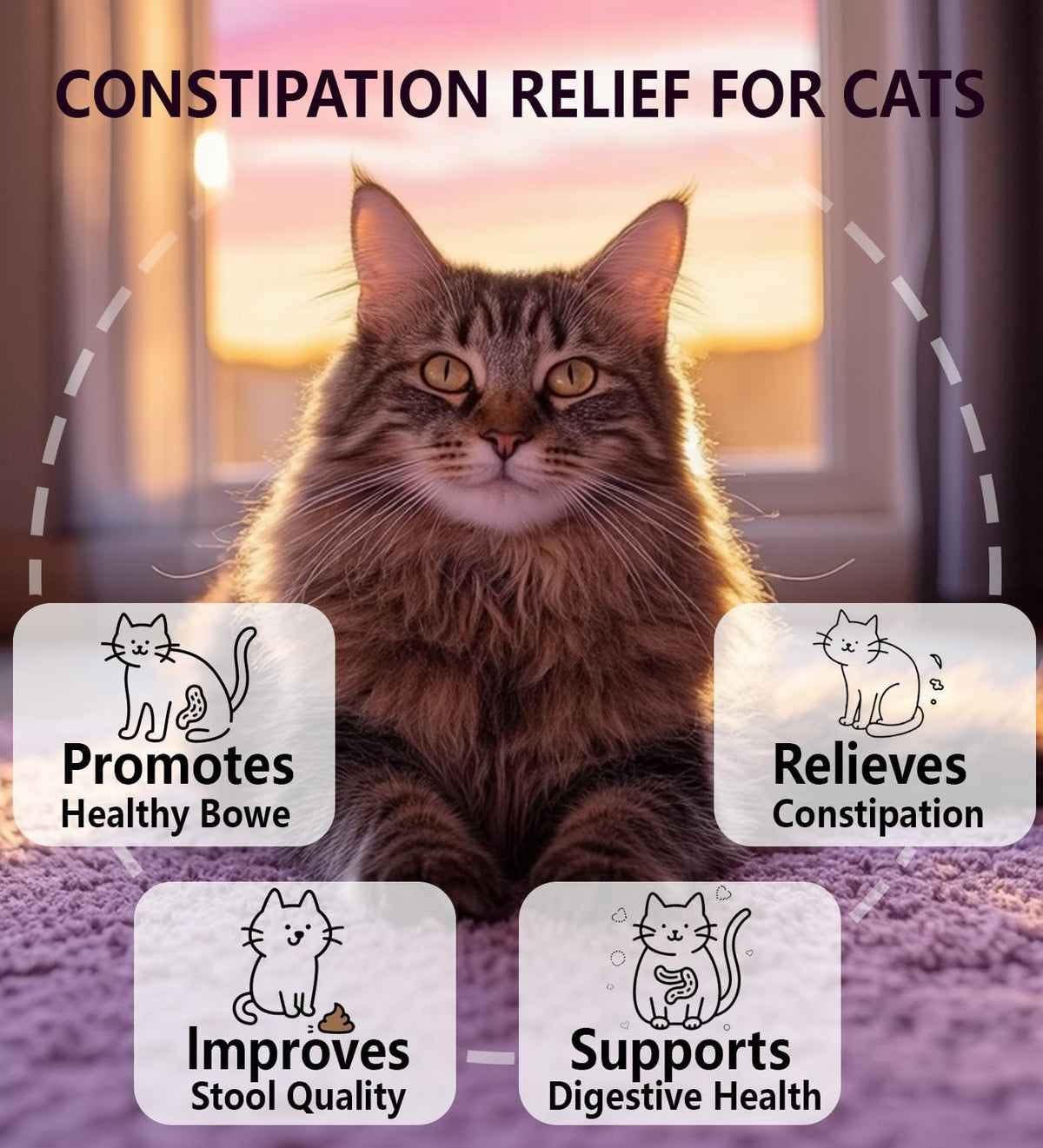 Natural cat laxative liquid drops with probiotics showing package ingredients and instructions.
