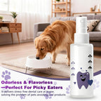 Odorless and flavorless pet dental liquid being added to a pet dog water bowl.